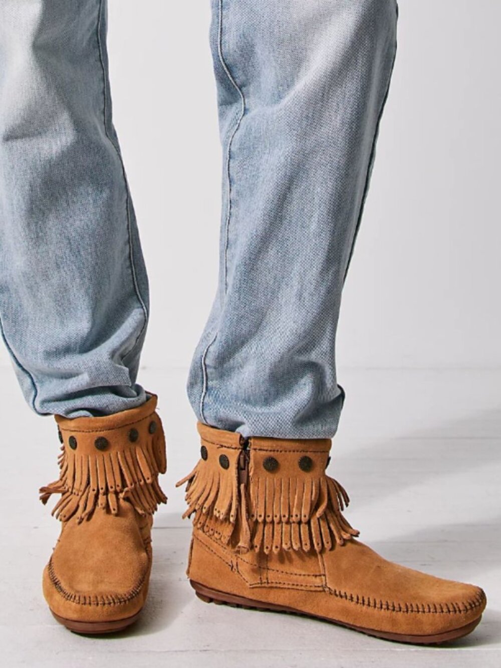 Minnetonka Double Fringe Side Zip Boots 10 Suede Moccasin Boho Western Casual